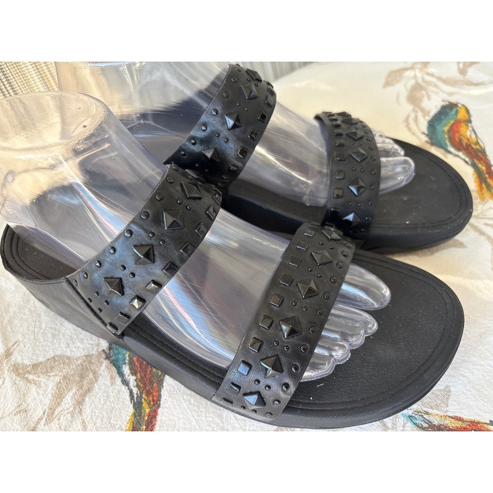 FitFlop Biker Chic Slide All Black Studded Microwobbleboard Sandals 8 477-090